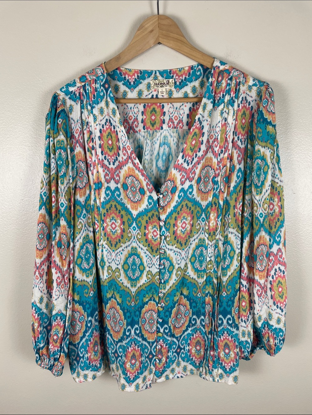 ONE WORLD Teal Coral Green Ikat V-Neck Blouse Large